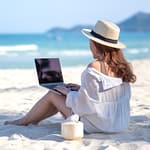 Frau mit Computer am Strand